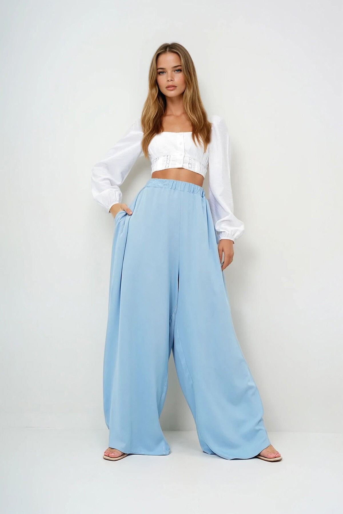 Mavi Çift Cepli Dökümlü Bol Kesim Dokuma Pantolon