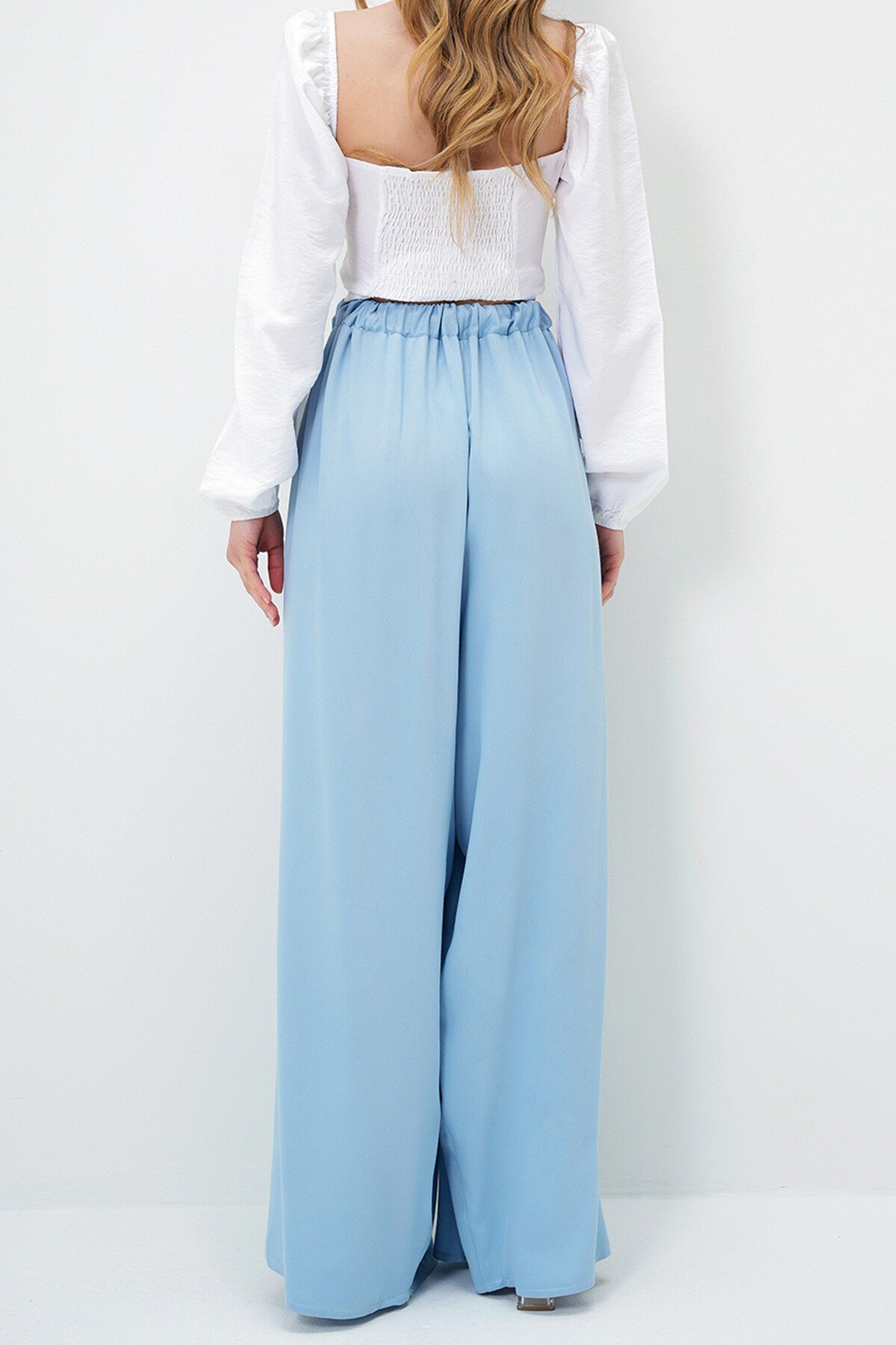 Mavi Çift Cepli Dökümlü Bol Kesim Dokuma Pantolon