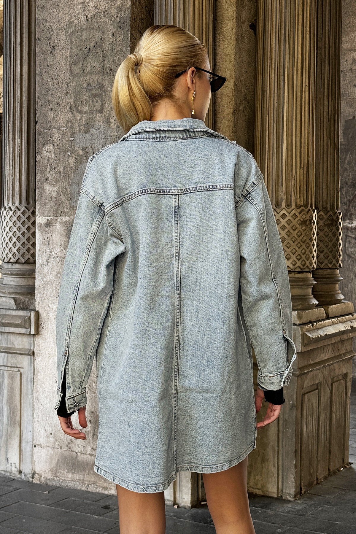 Mavi Çift Cepli Oversize Uzun Denim Ceket