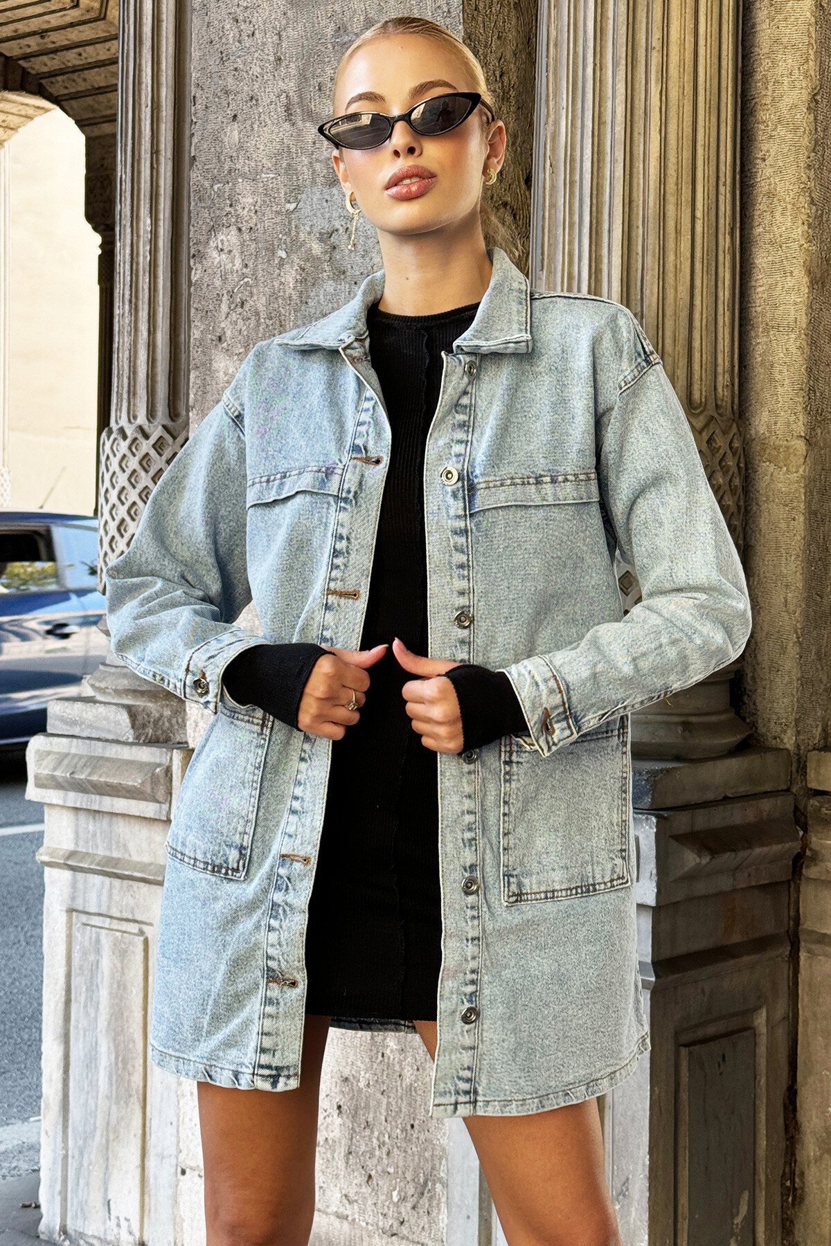 Mavi Çift Cepli Oversize Uzun Denim Ceket
