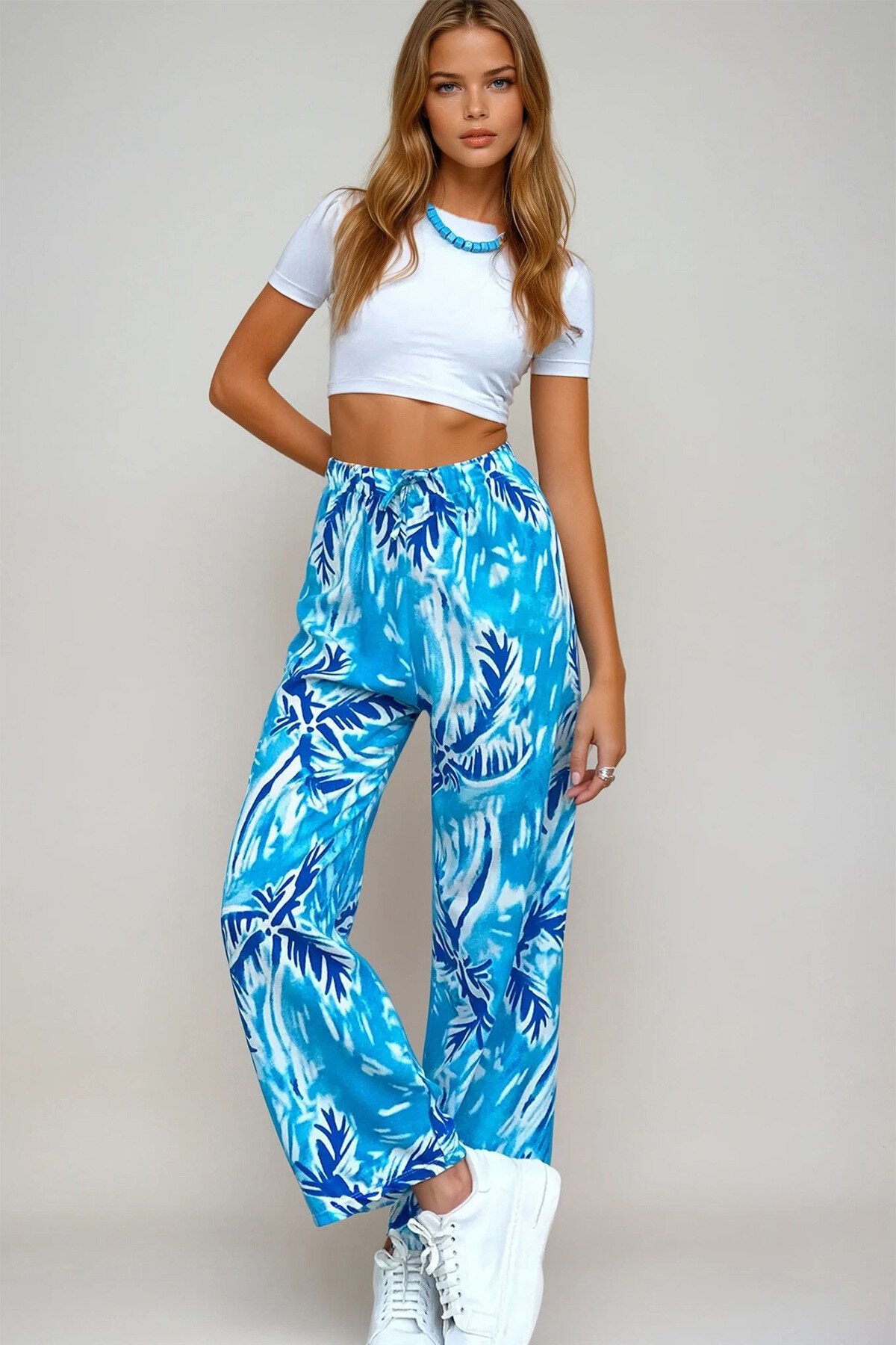 Mavi Desenli Dokuma Viskon Pantolon