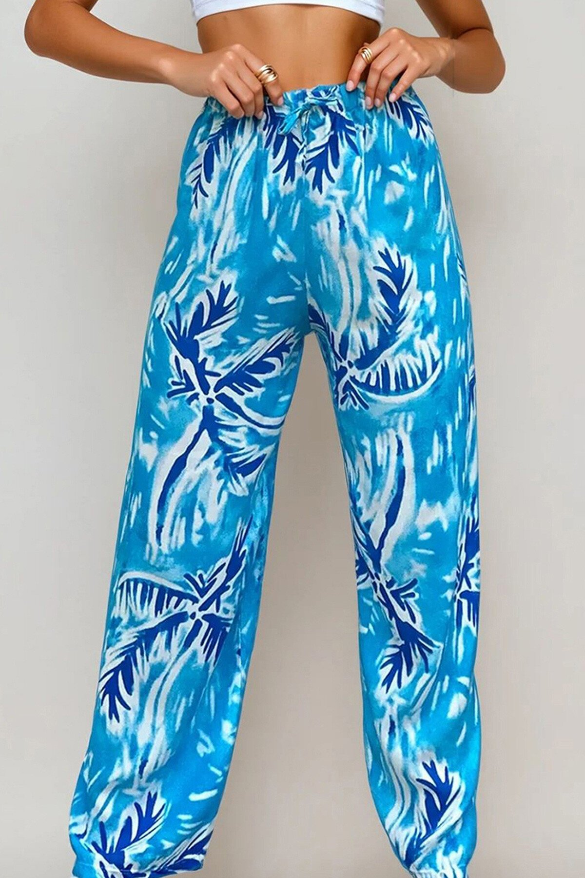 Mavi Desenli Dokuma Viskon Pantolon