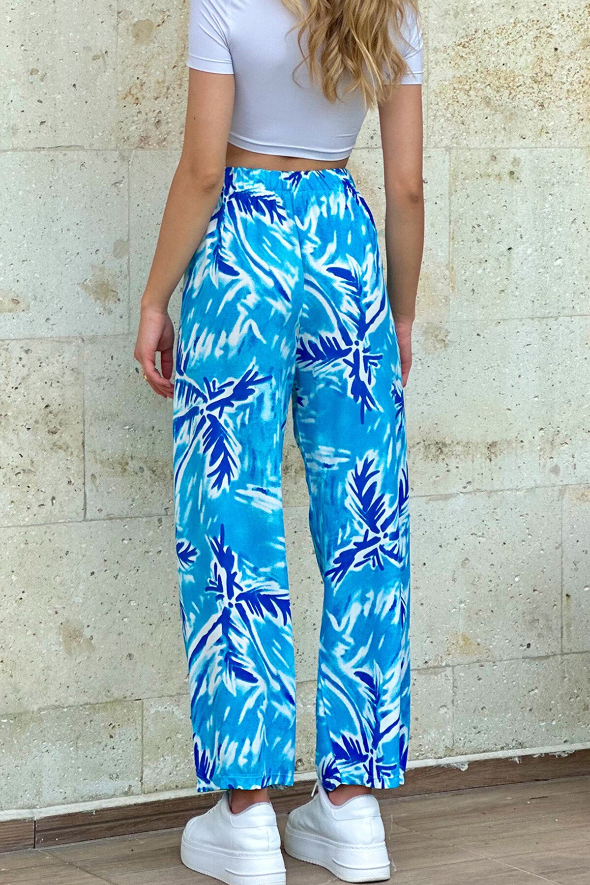 Mavi Desenli Dokuma Viskon Pantolon