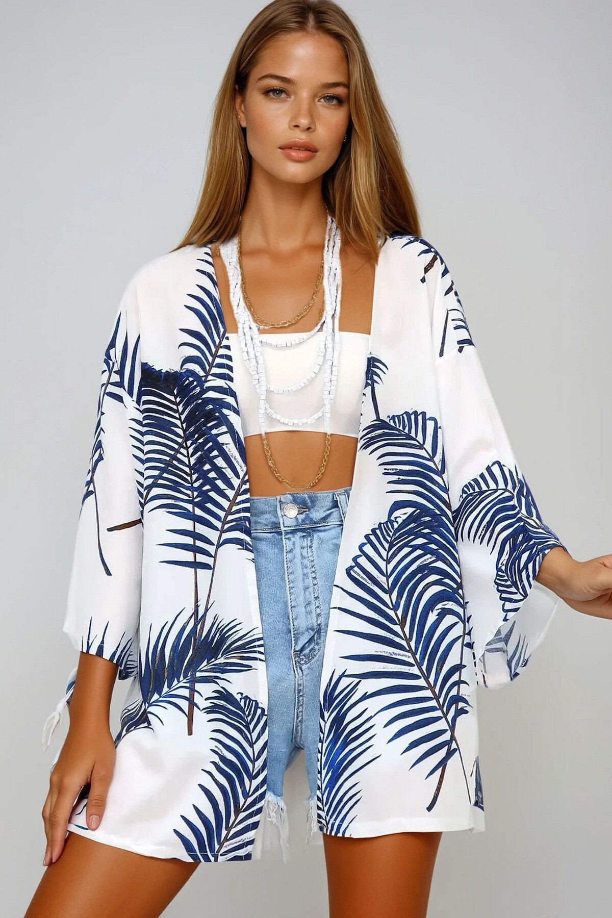 Mavi Desenli Kimono Ceket