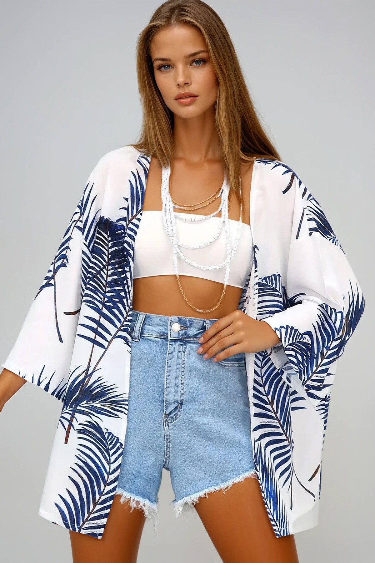 Mavi Desenli Kimono Ceket