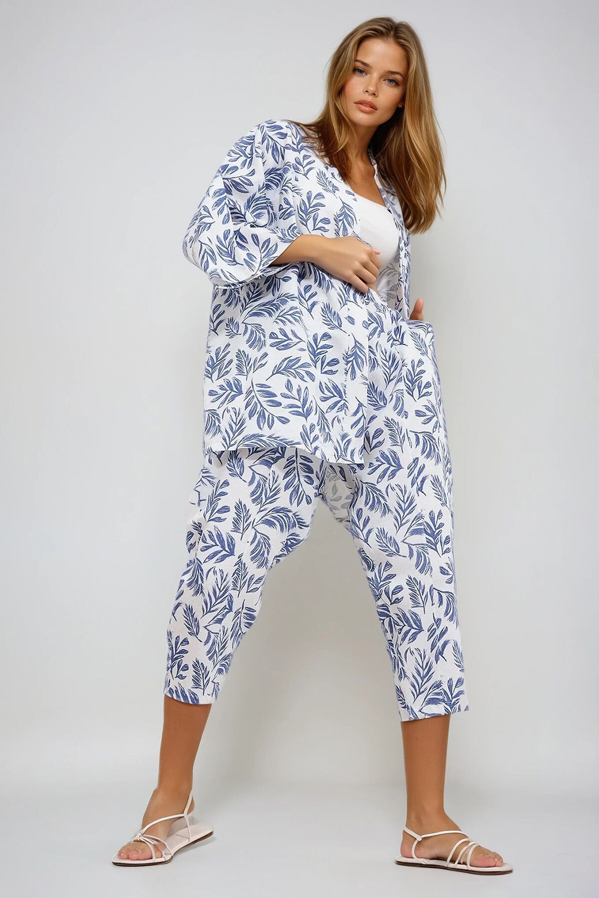 Mavi Desenli Kimono Ceket Ve Pantolonlu Keten Dokuma Alt Üst Takım