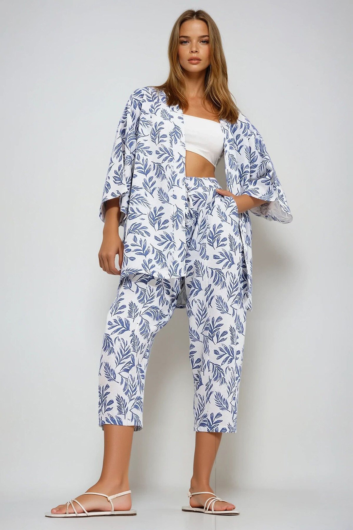 Mavi Desenli Kimono Ceket Ve Pantolonlu Keten Dokuma Alt Üst Takım