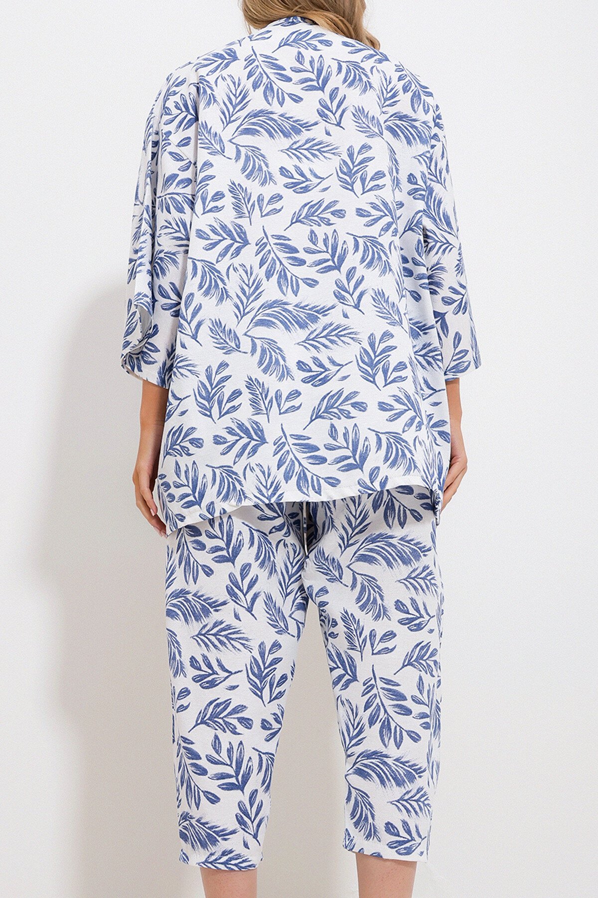 Mavi Desenli Kimono Ceket Ve Pantolonlu Keten Dokuma Alt Üst Takım