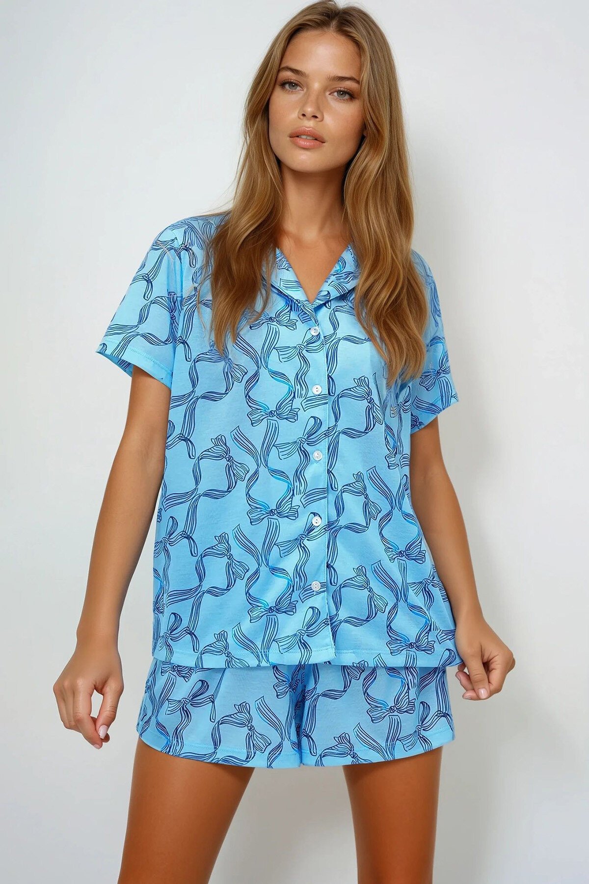 Mavi Fiyonk Desenli Örme Pamuklu Gömlek Ve Şort Pijama Takımı