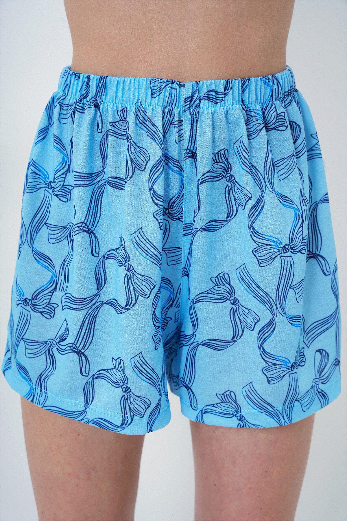 Mavi Fiyonk Desenli Örme Pamuklu Gömlek Ve Şort Pijama Takımı