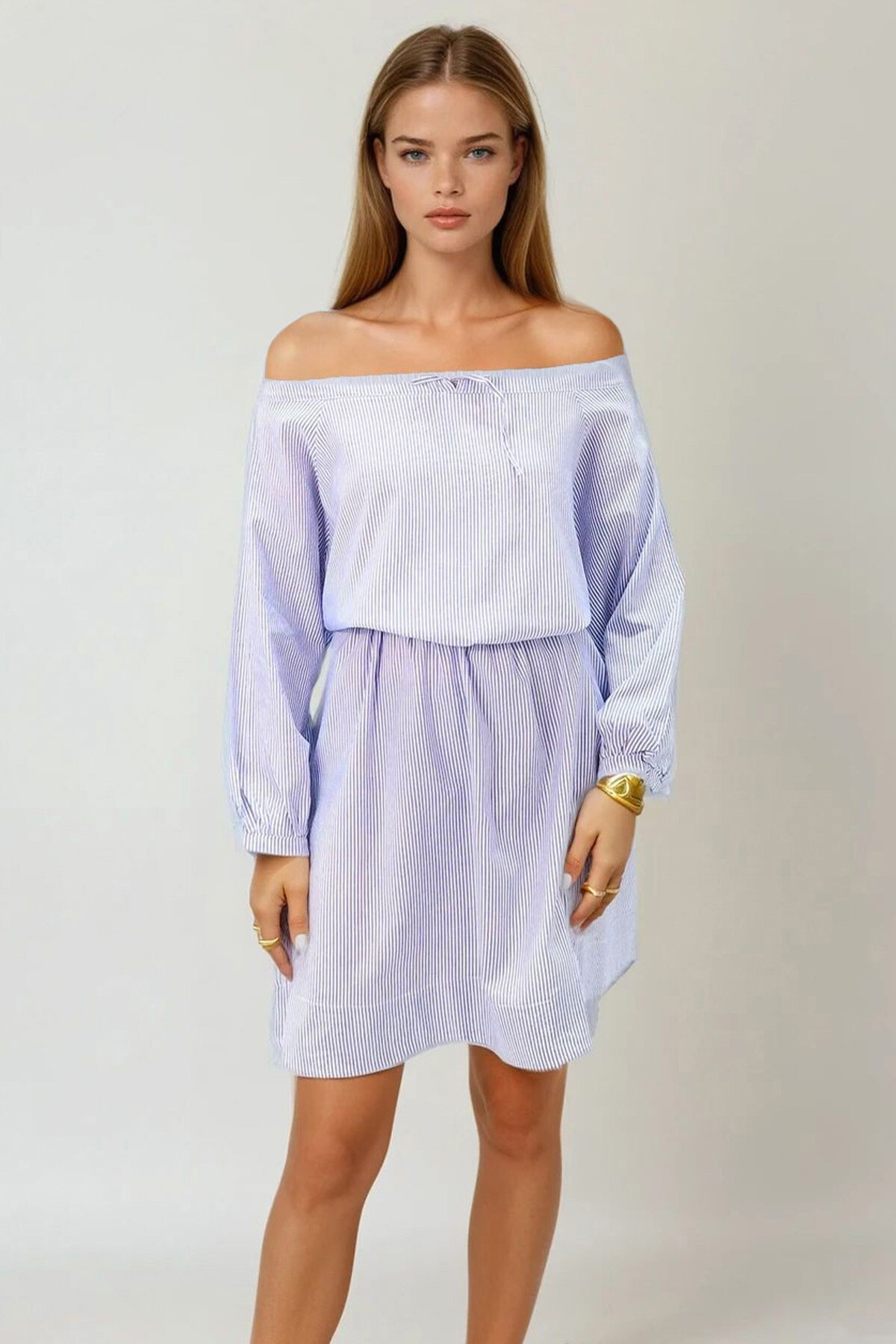 Mavi Geniş Yaka Çizgili Yakası Bağlamalı Dokuma Elbise