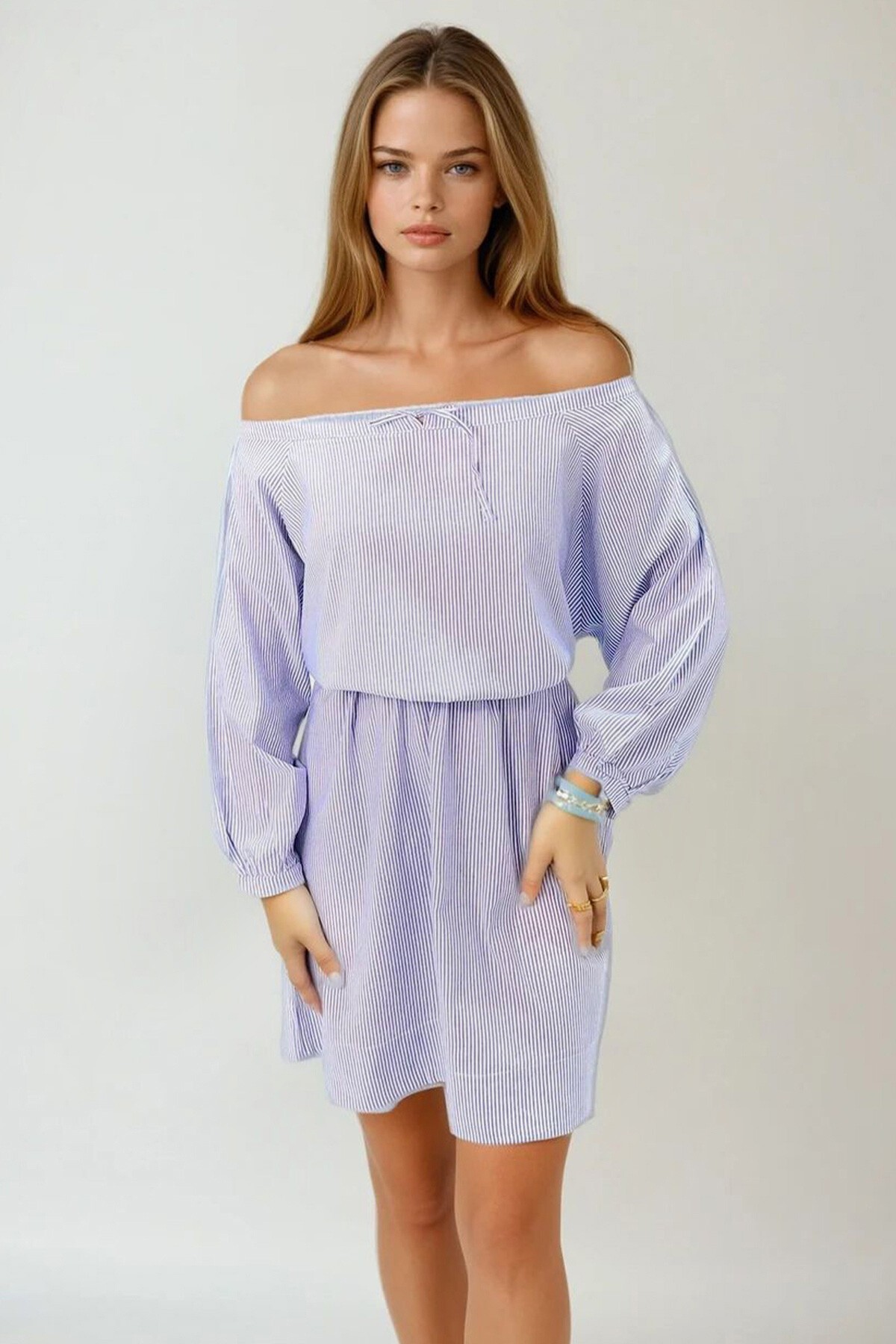 Mavi Geniş Yaka Çizgili Yakası Bağlamalı Dokuma Elbise