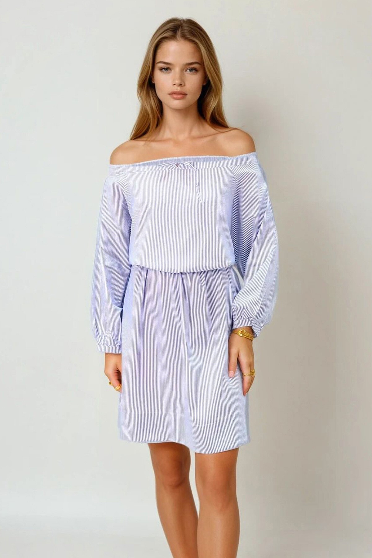 Mavi Geniş Yaka Çizgili Yakası Bağlamalı Dokuma Elbise