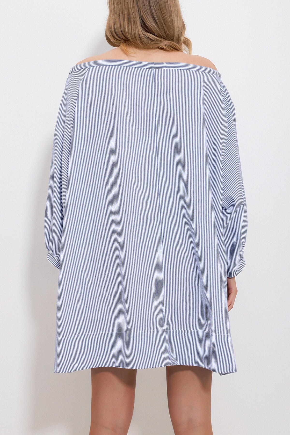 Mavi Geniş Yaka Çizgili Yakası Bağlamalı Dokuma Elbise