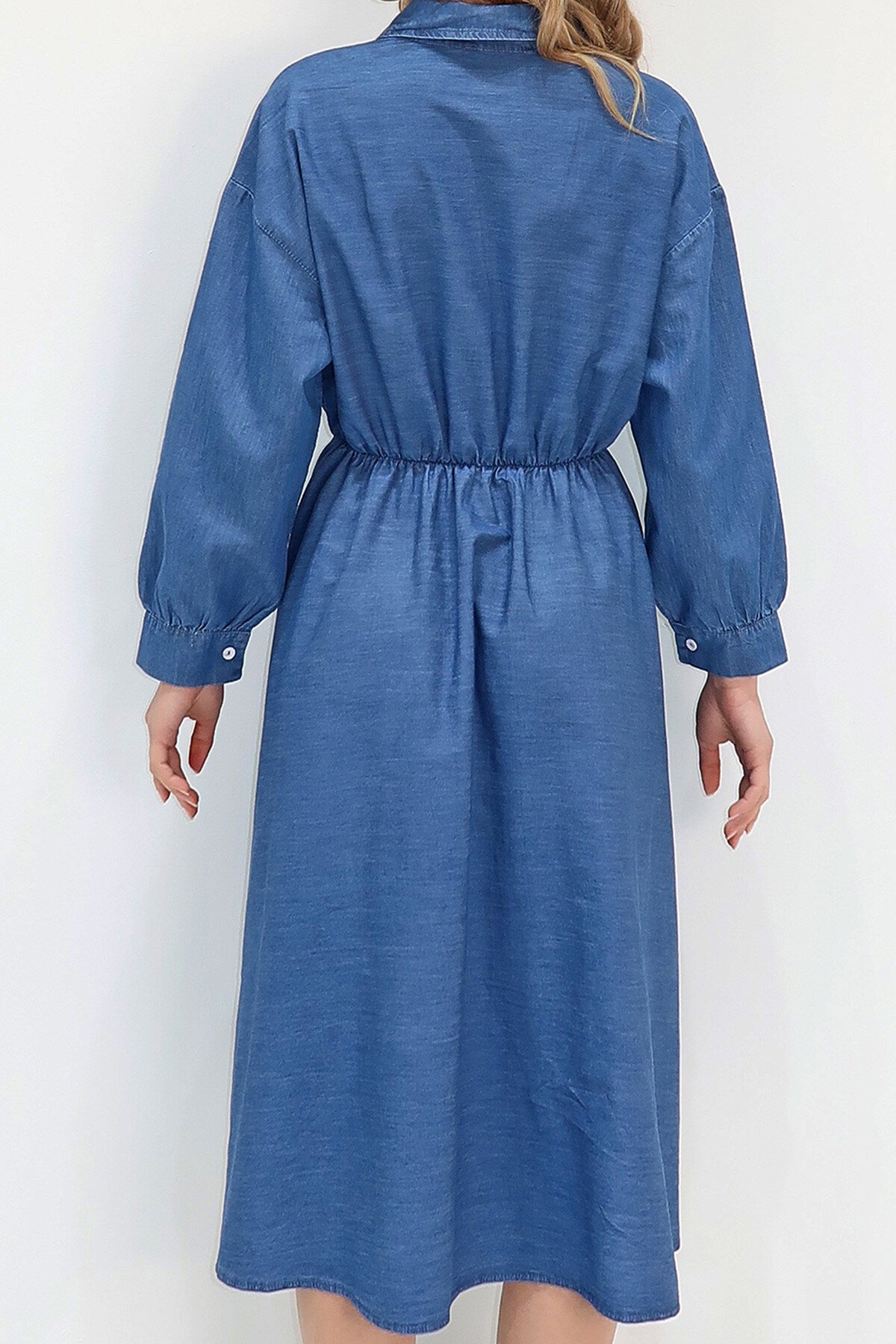 Mavi Gömlek Yaka Önü Düğmeli Nakış Detaylı Jean Elbise
