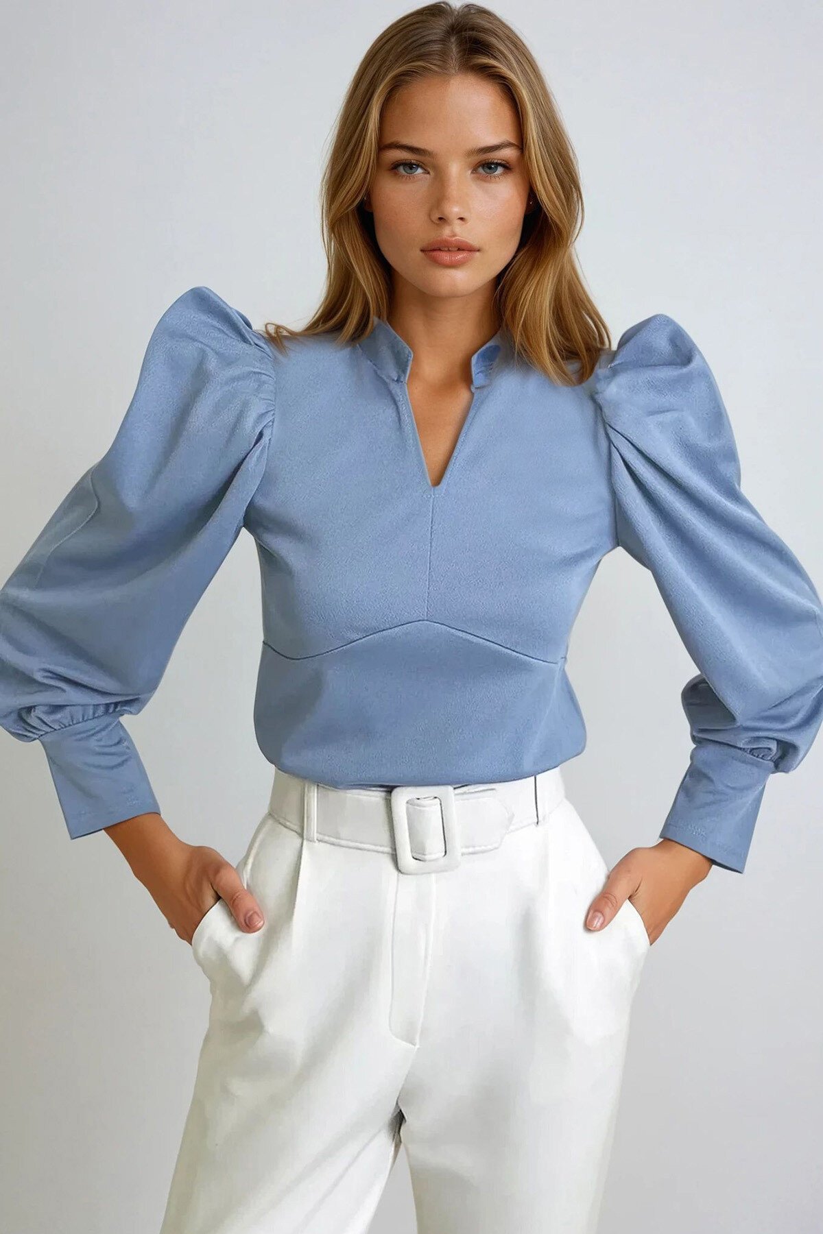 Mavi Hakim Yaka Prenses Kol Dokuma Crop Bluz