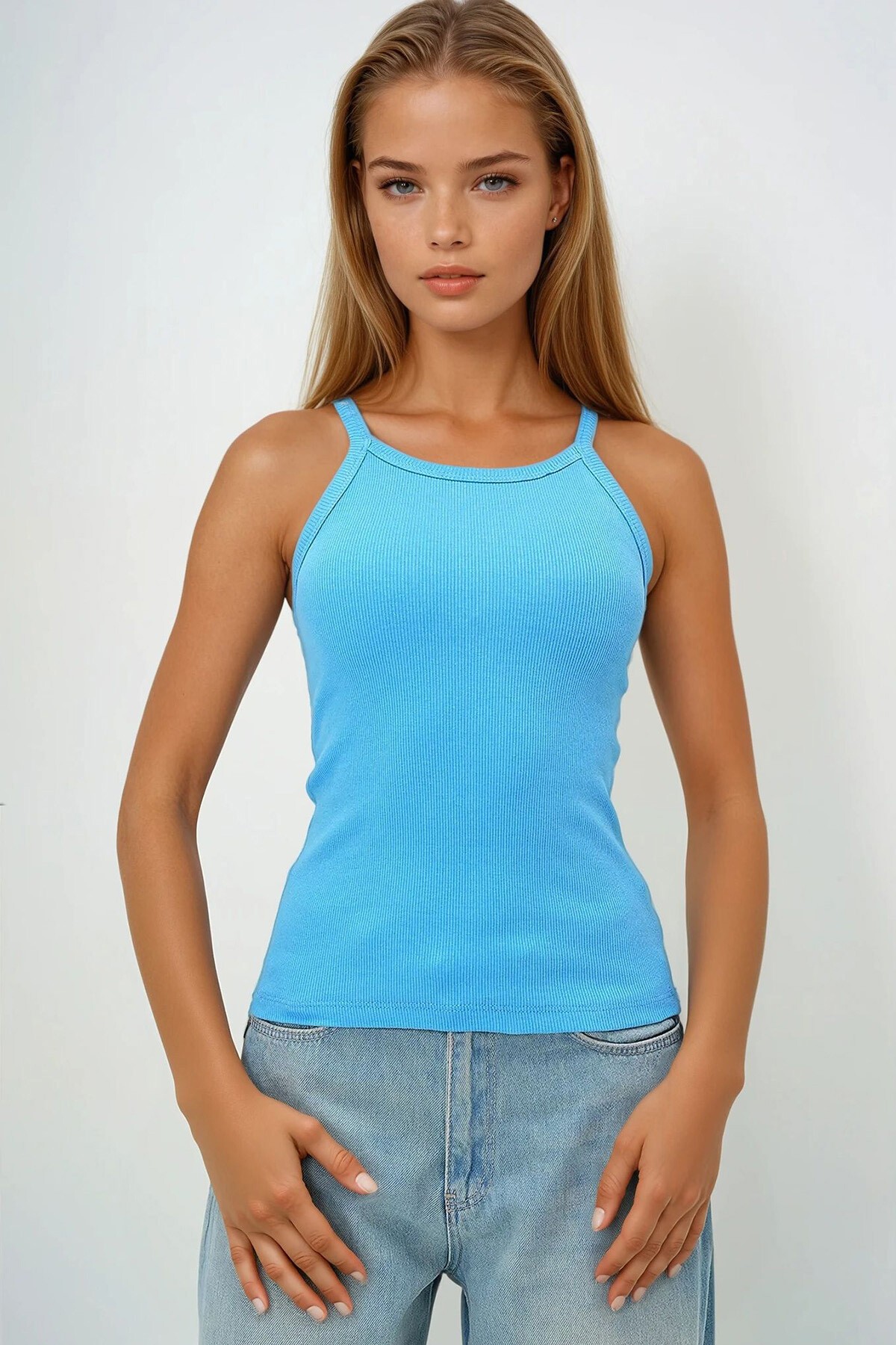 Mavi İp Askılı Halter Yaka Kaşkorse Atlet