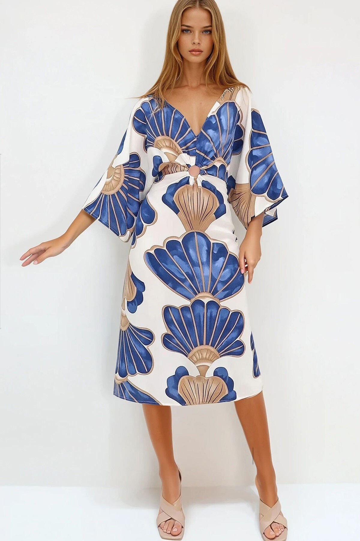 Mavi V Yaka Halka Detaylı Dokuma Viskon Elbise