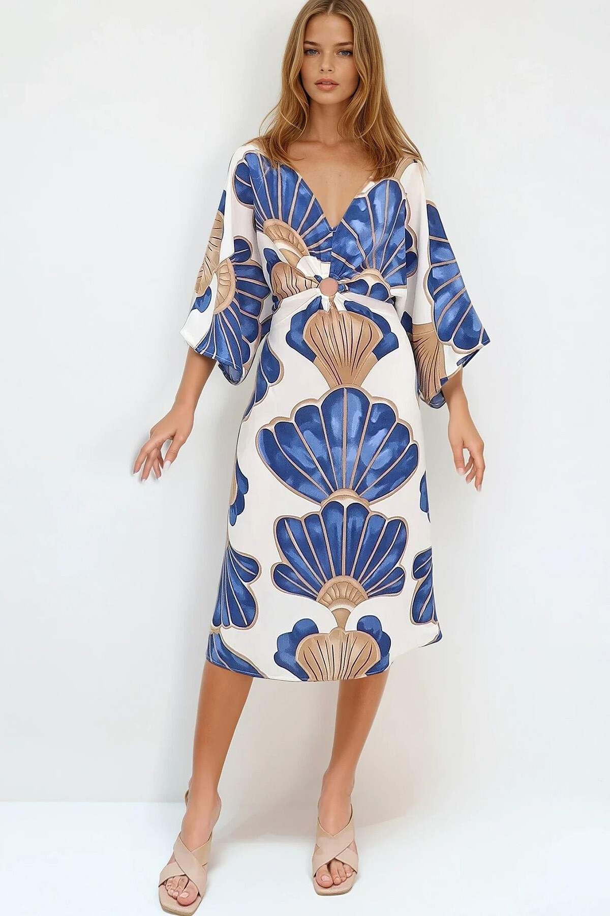 Mavi V Yaka Halka Detaylı Dokuma Viskon Elbise