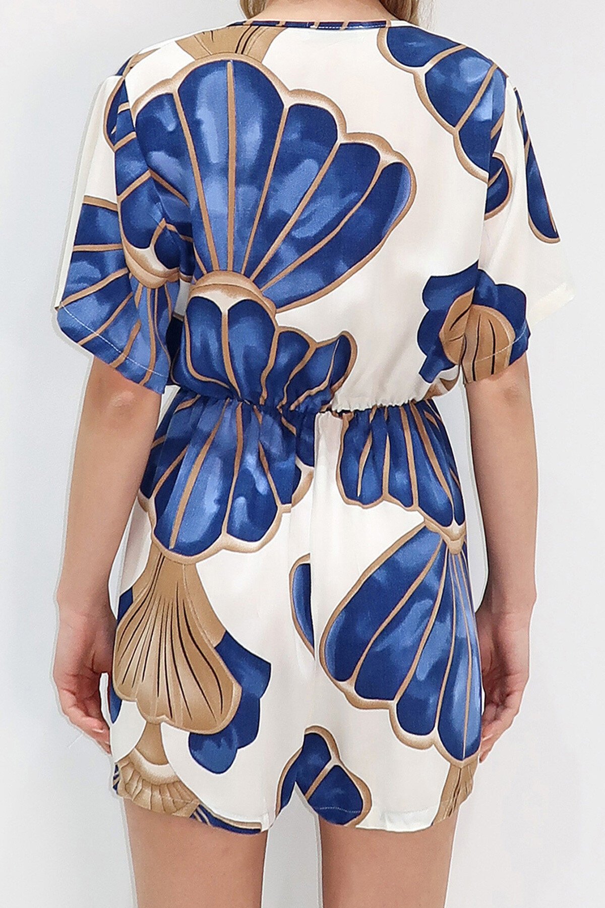 Mavi V Yaka Önü Düğmeli Beli Bağlamalı Şort Tulum