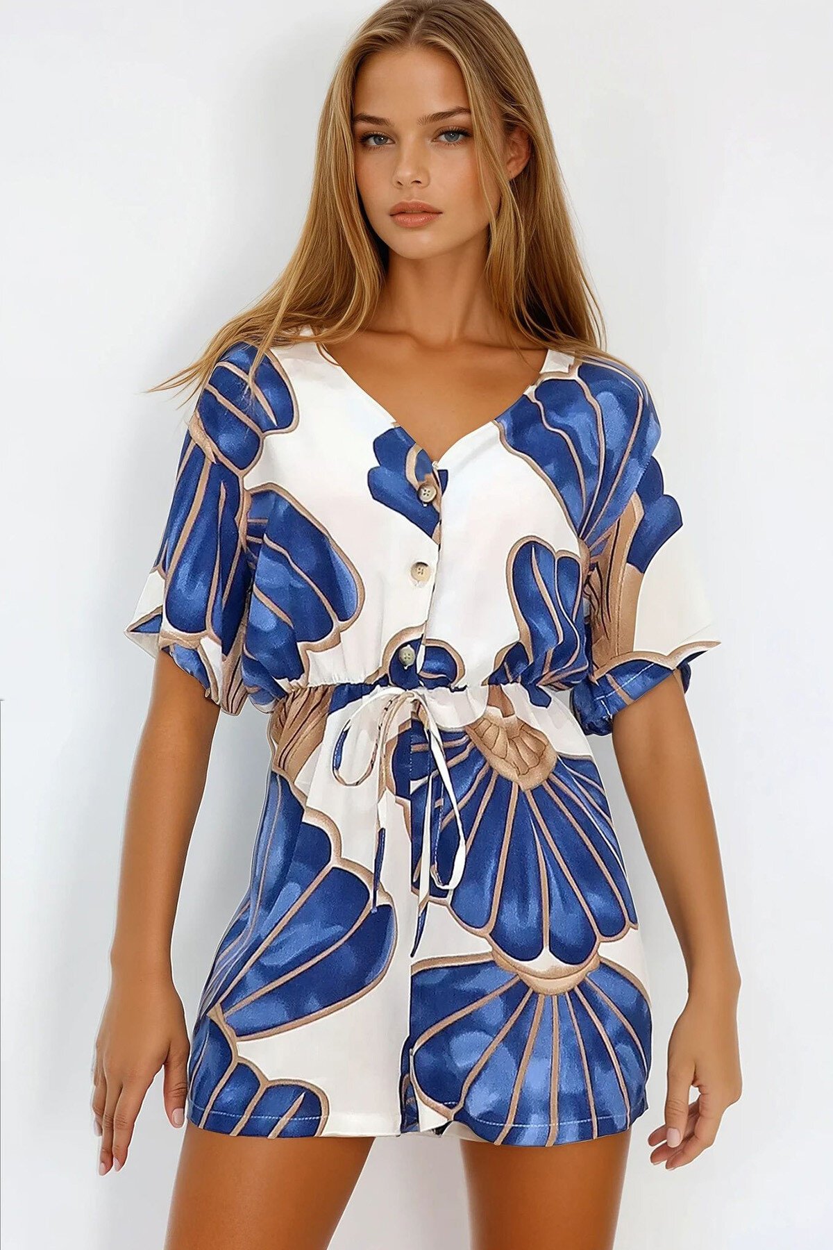 Mavi V Yaka Önü Düğmeli Beli Bağlamalı Şort Tulum