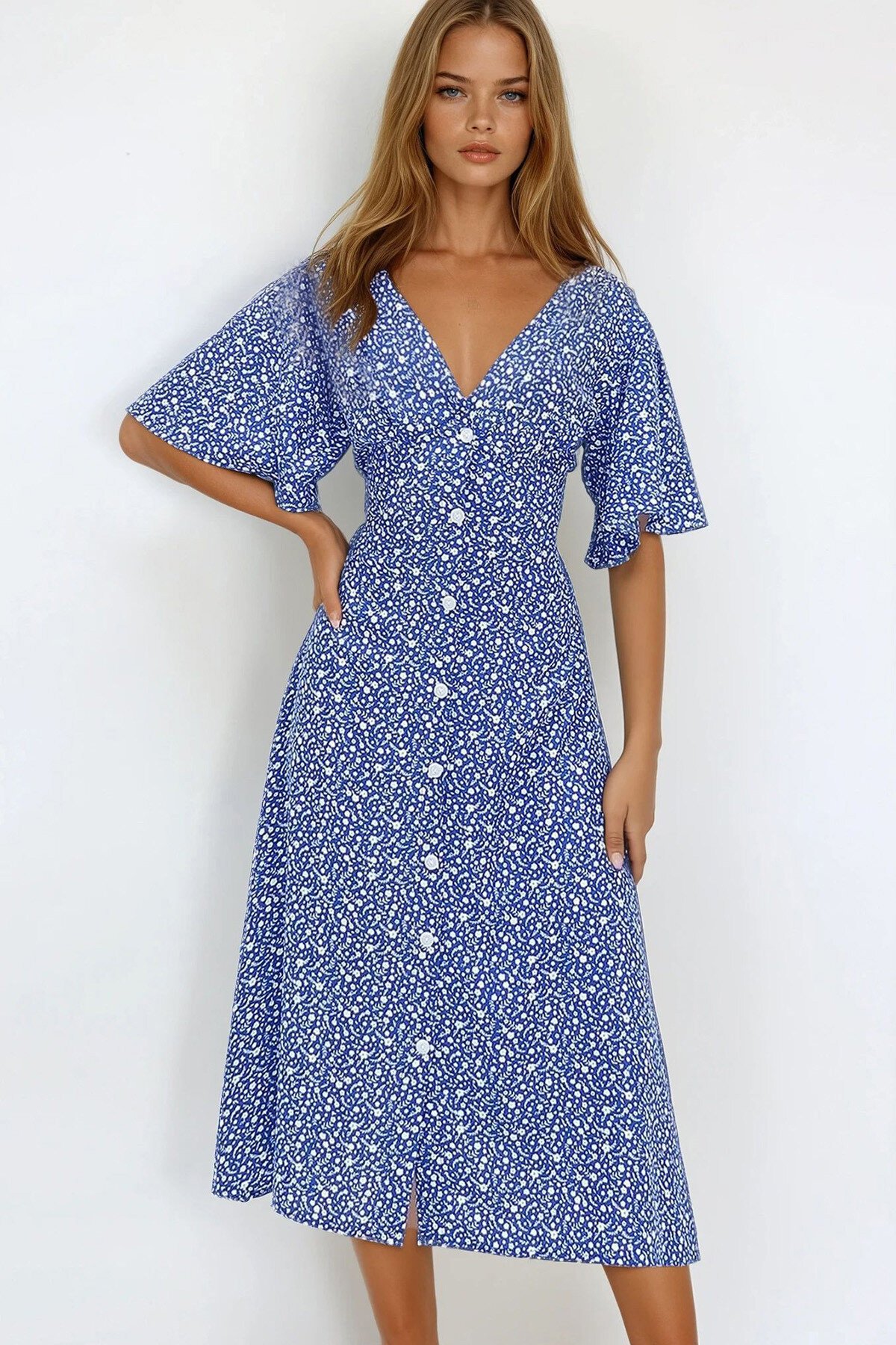 Mavi V Yaka Önü Düğmeli Mikro Desenli Dokuma Viskon Elbise