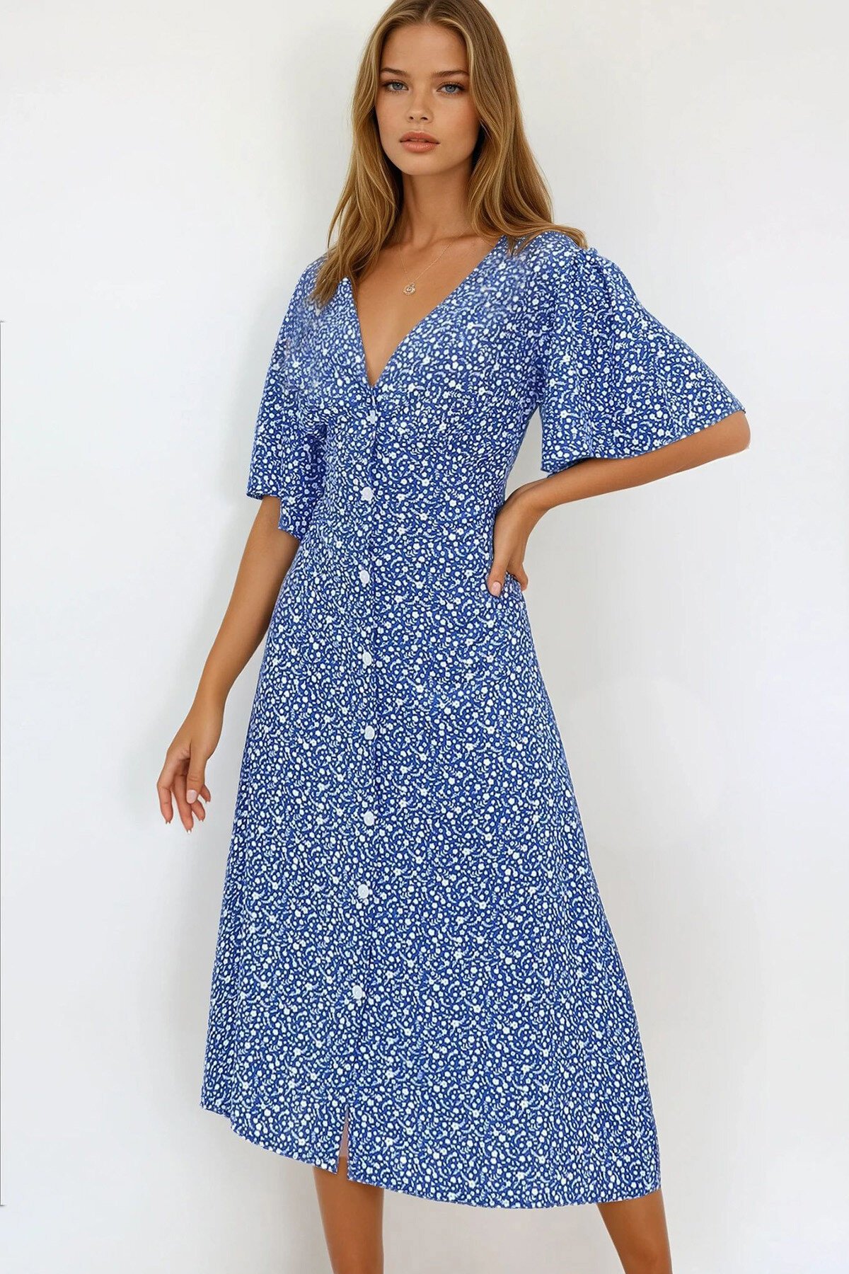 Mavi V Yaka Önü Düğmeli Mikro Desenli Dokuma Viskon Elbise