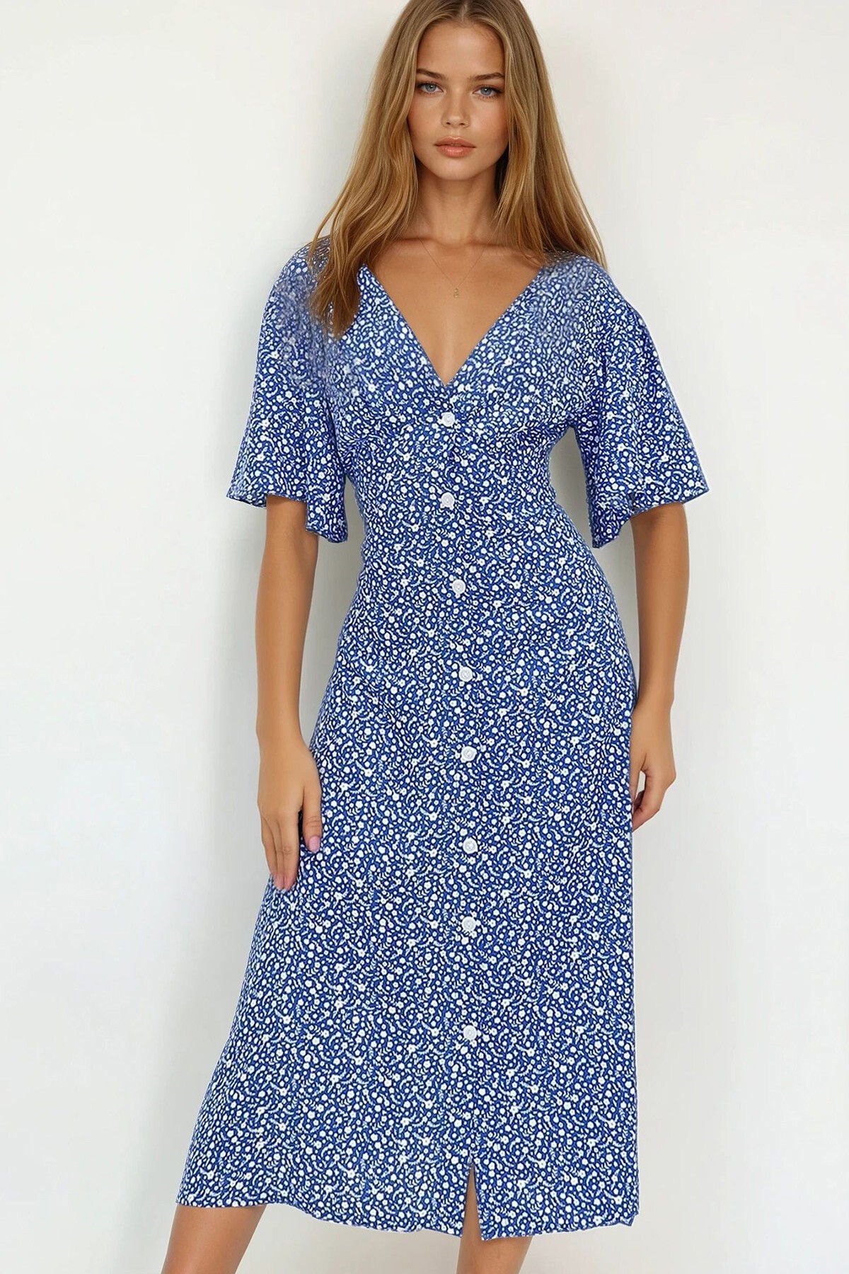 Mavi V Yaka Önü Düğmeli Mikro Desenli Dokuma Viskon Elbise