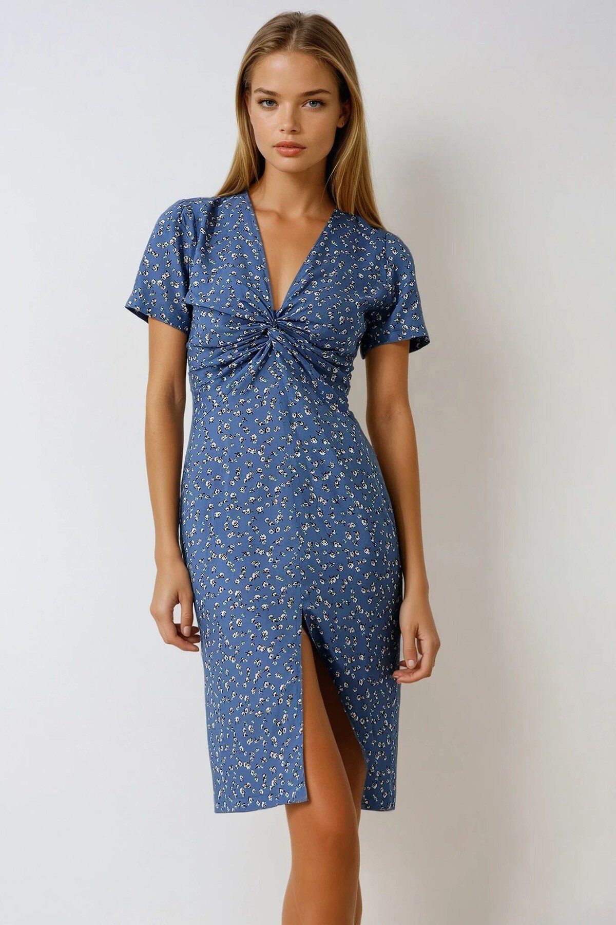 Mavi V Yaka Önü Düğümlü Çiçek Desenli Dokuma Elbise
