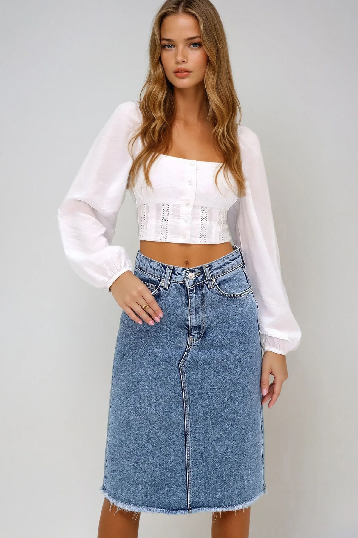 Mavi Yüksek Bel 5 Cepli Midi Boy Jean Etek