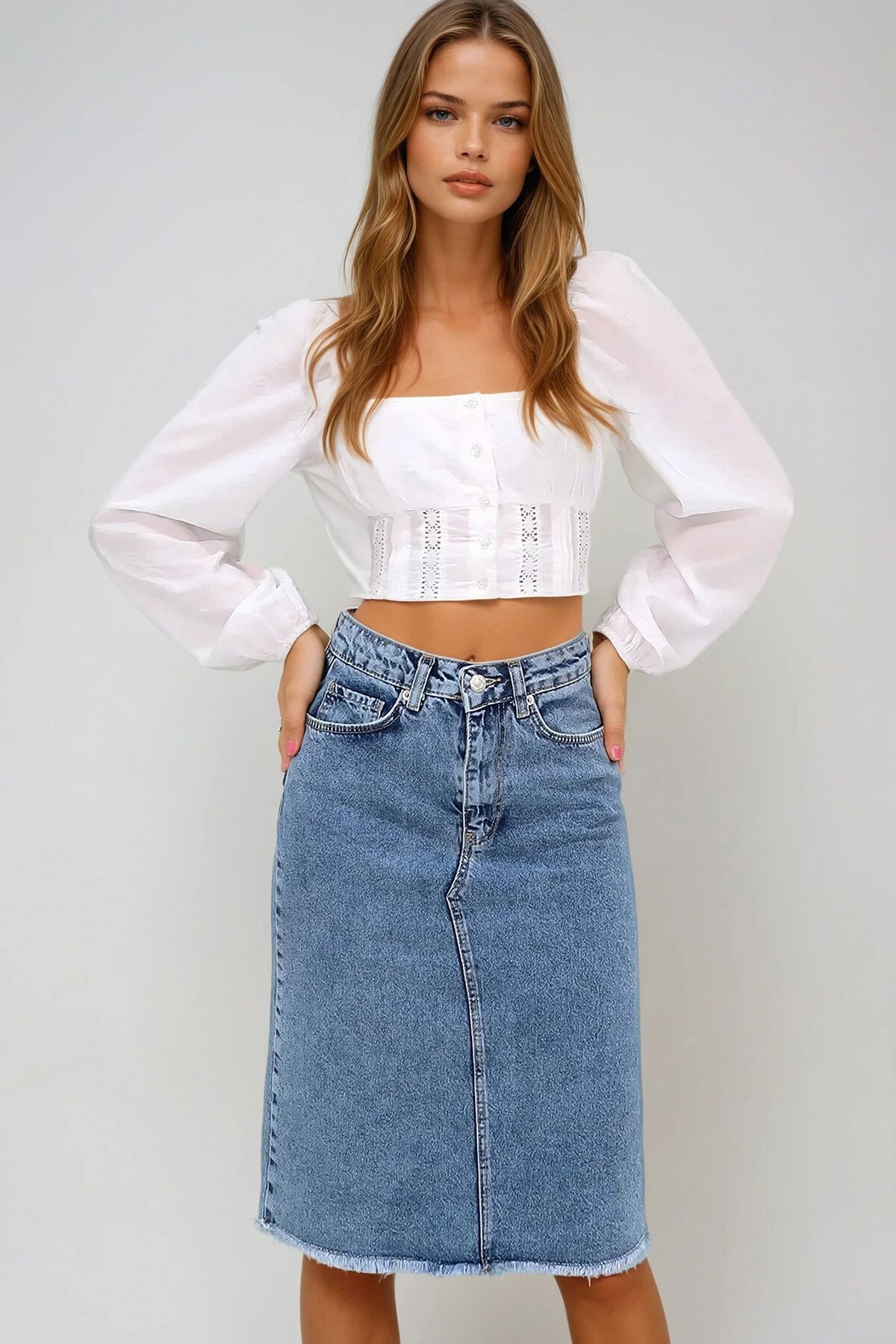 Mavi Yüksek Bel 5 Cepli Midi Boy Jean Etek