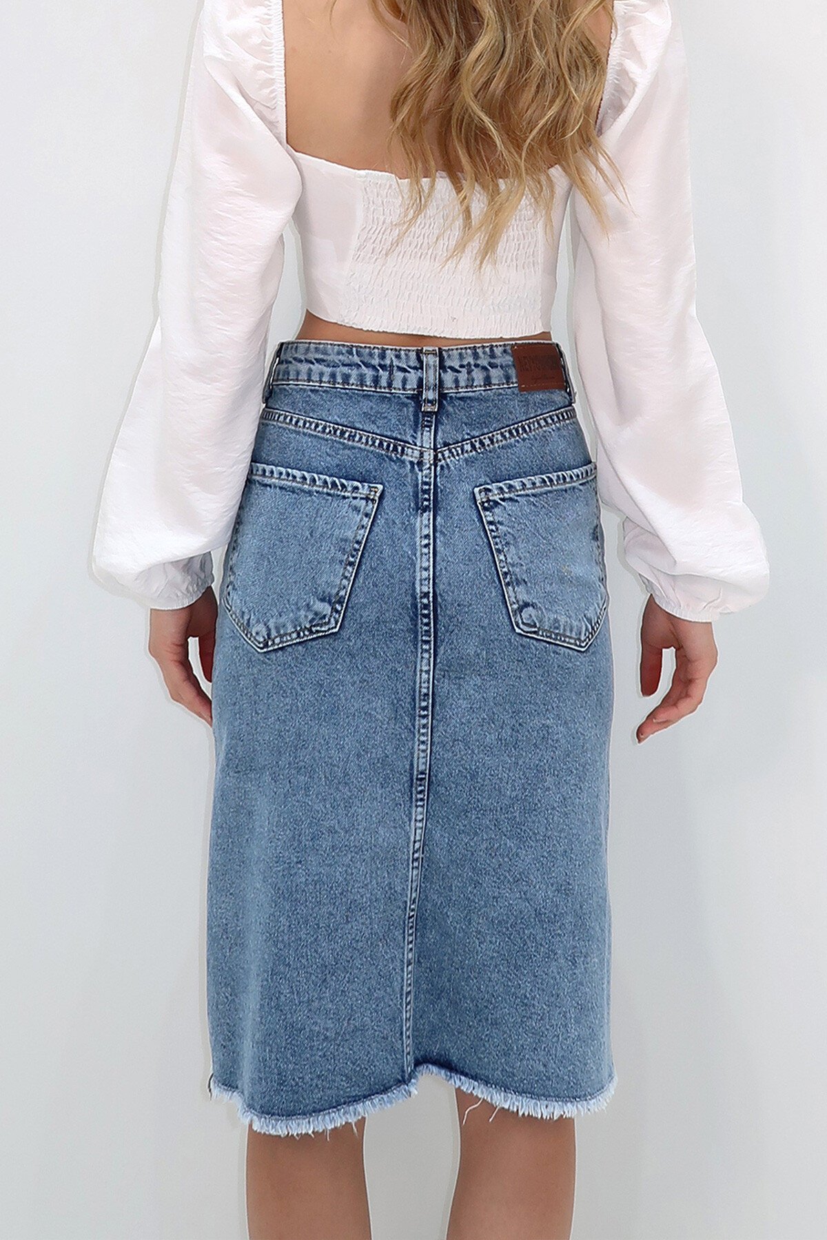 Mavi Yüksek Bel 5 Cepli Midi Boy Jean Etek