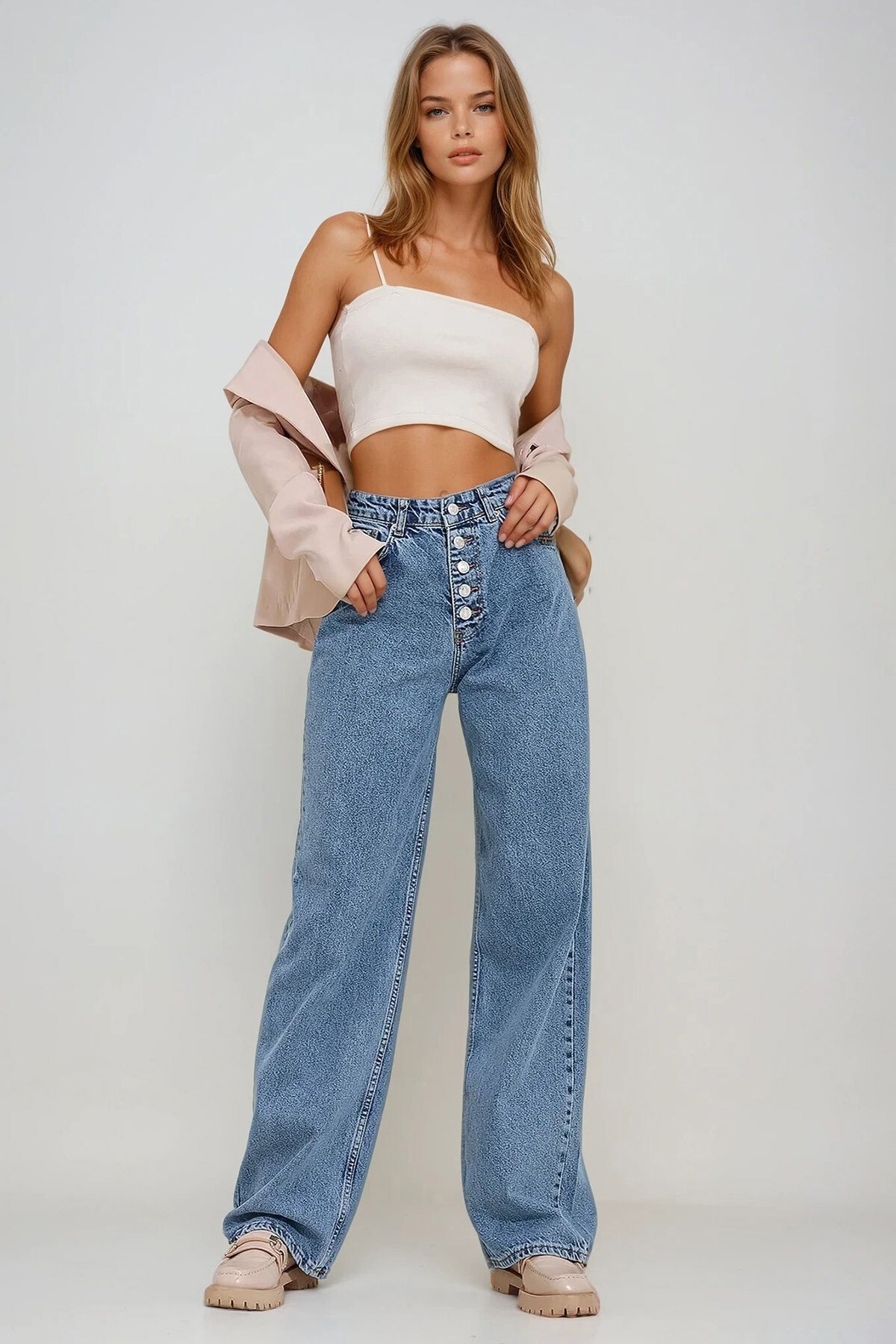 Mavi Yüksek Bel 5 Düğmeli Cepli Kar Yıkamalı Jean Pantolon