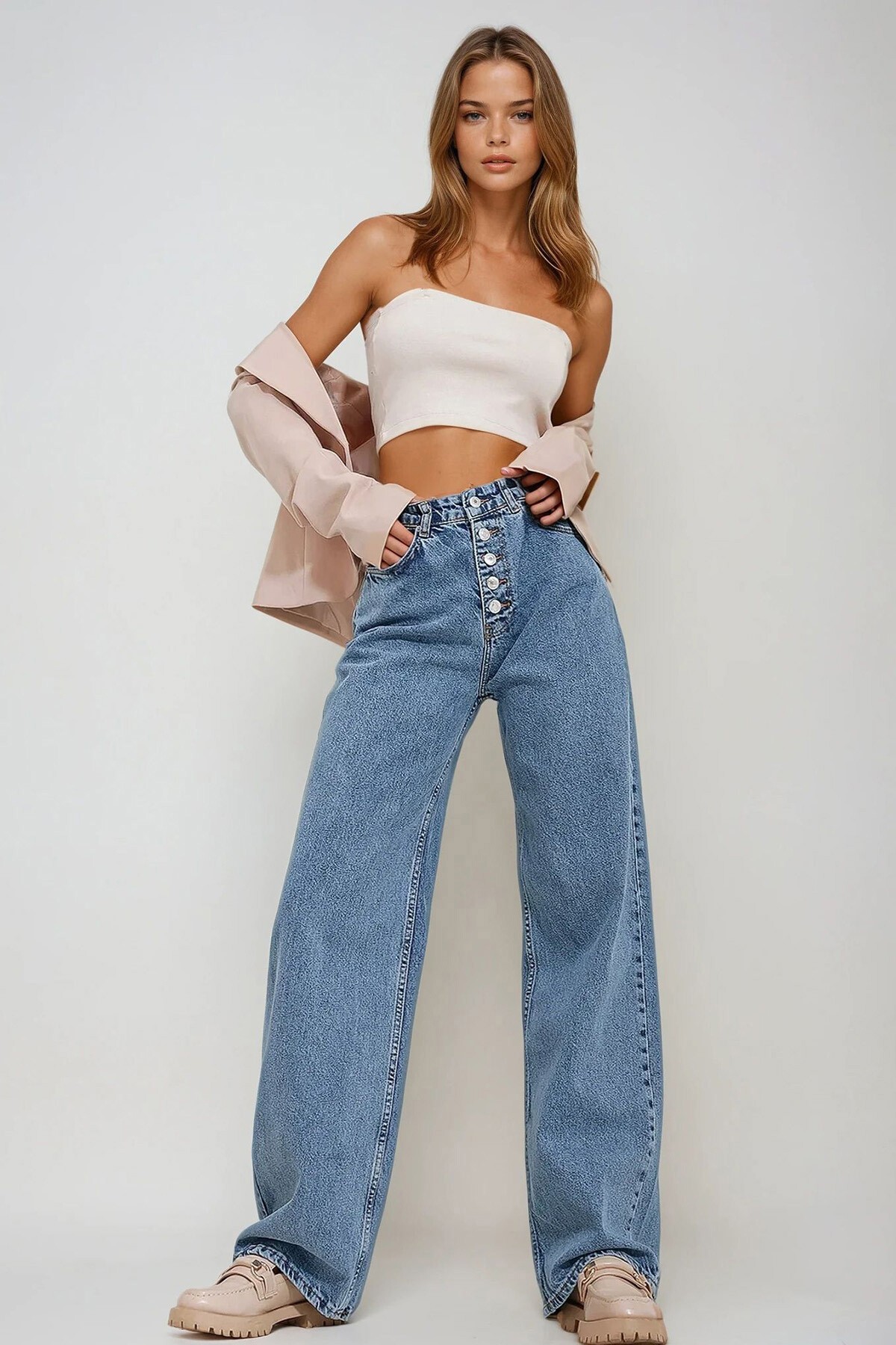 Mavi Yüksek Bel 5 Düğmeli Cepli Kar Yıkamalı Jean Pantolon