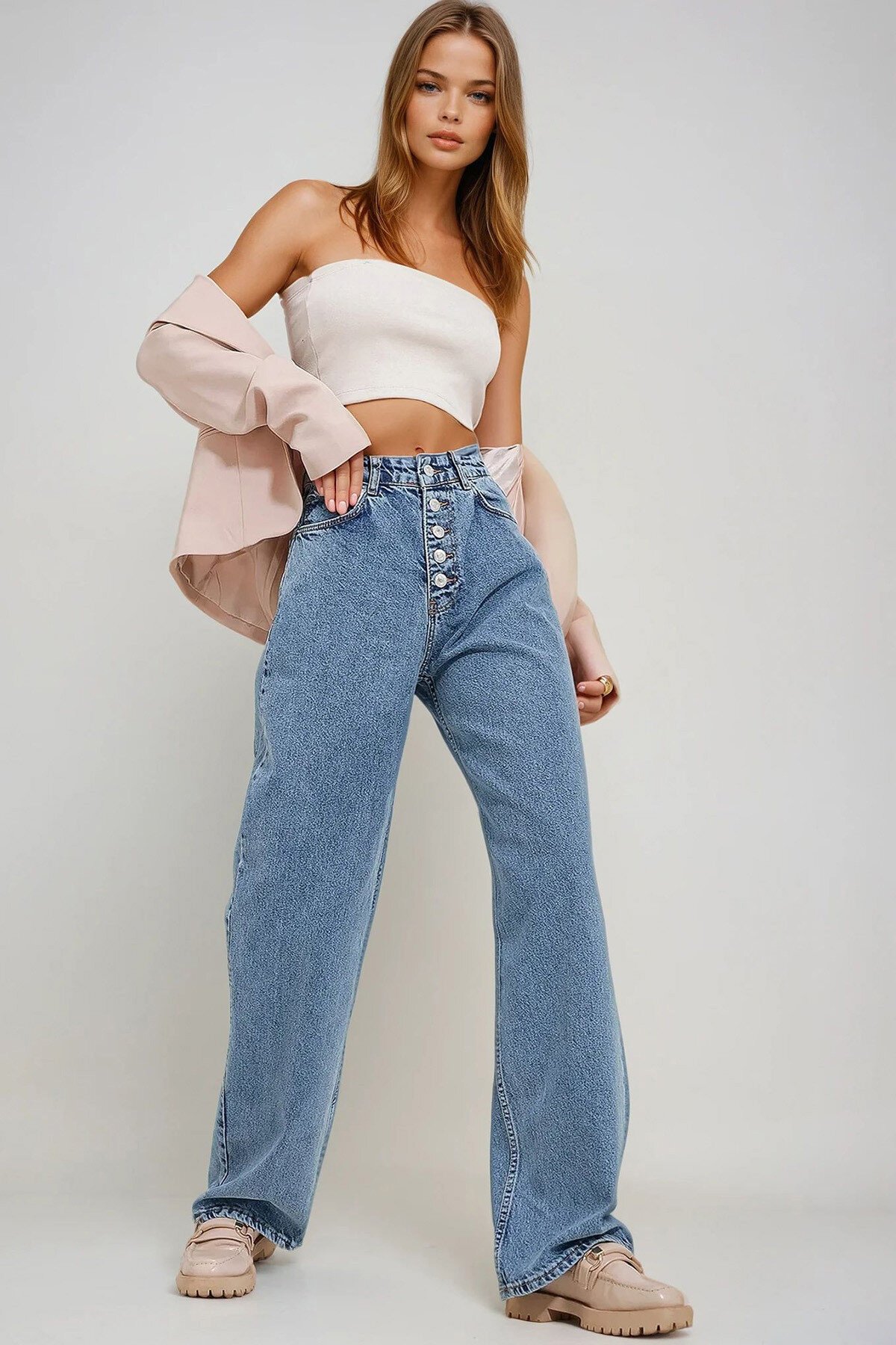 Mavi Yüksek Bel 5 Düğmeli Cepli Kar Yıkamalı Jean Pantolon