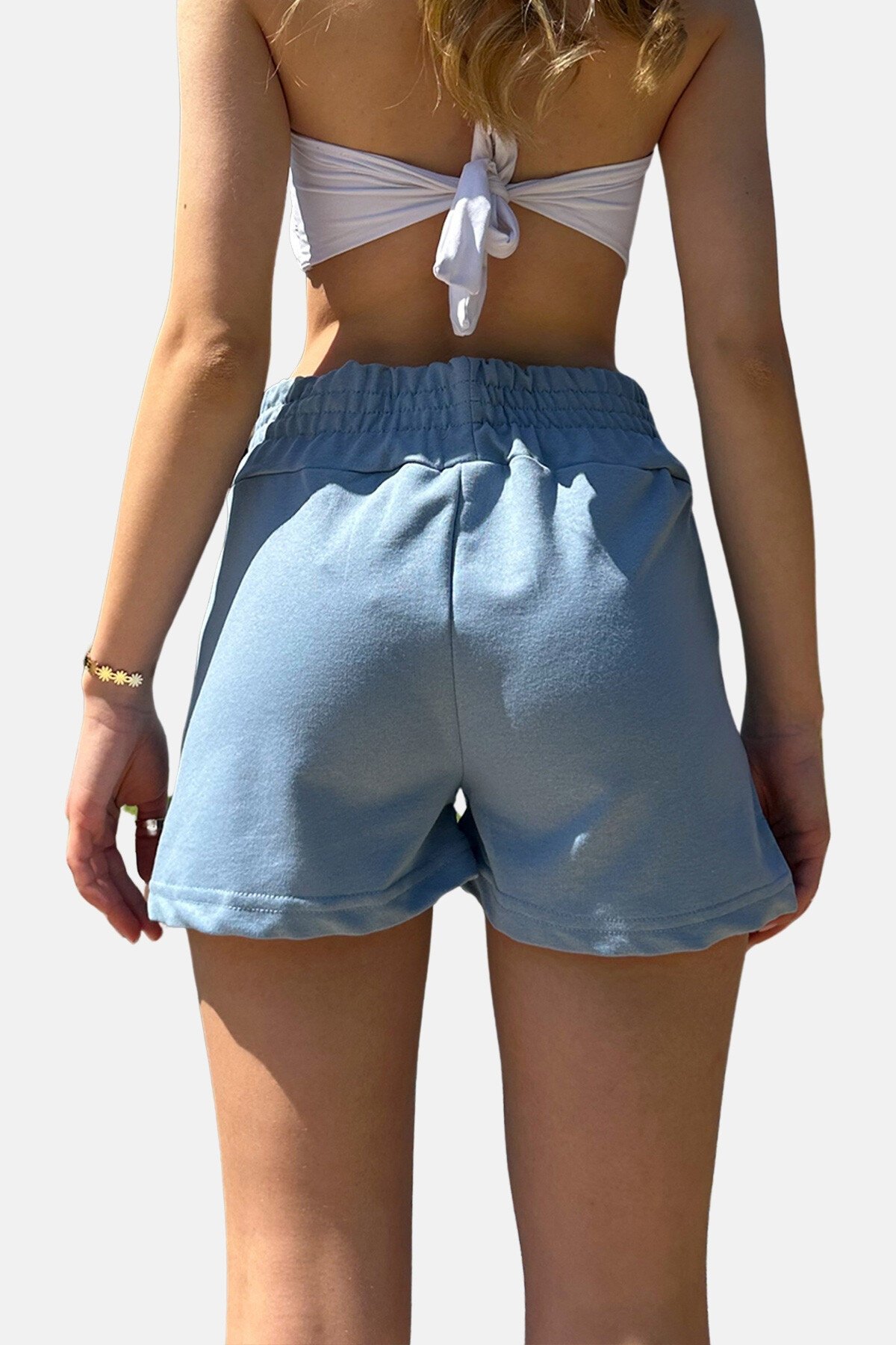 Mavi Yüksek Bel Armalı Mini Şort