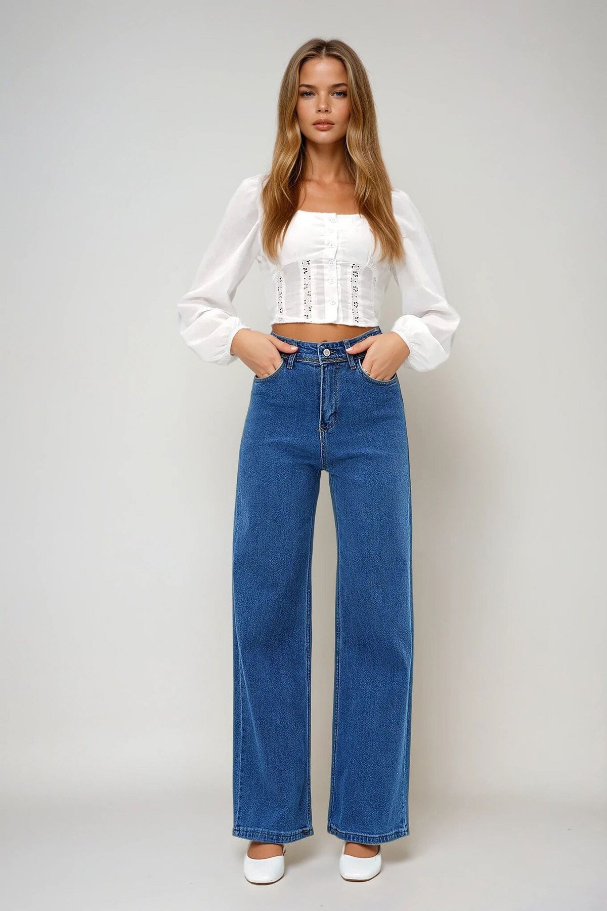 Mavi Yüksek Bel Geniş Paça Palazzo Jean Pantolon