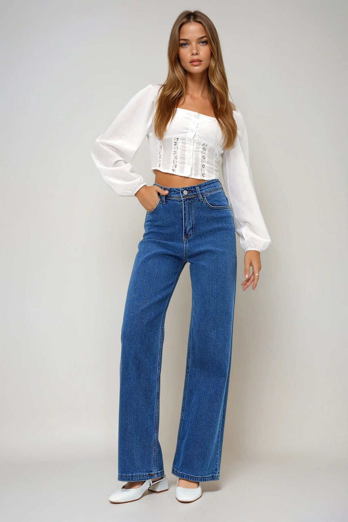 Mavi Yüksek Bel Geniş Paça Palazzo Jean Pantolon