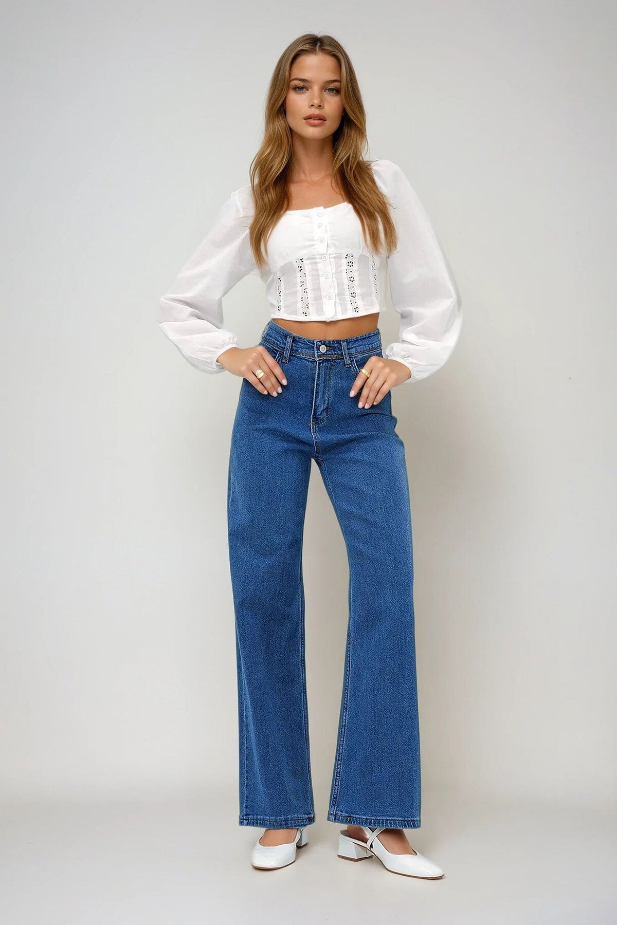 Mavi Yüksek Bel Geniş Paça Palazzo Jean Pantolon