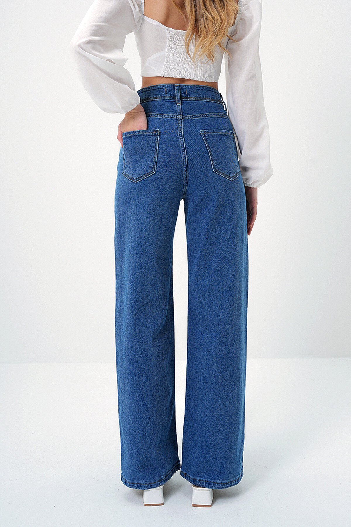 Mavi Yüksek Bel Geniş Paça Palazzo Jean Pantolon