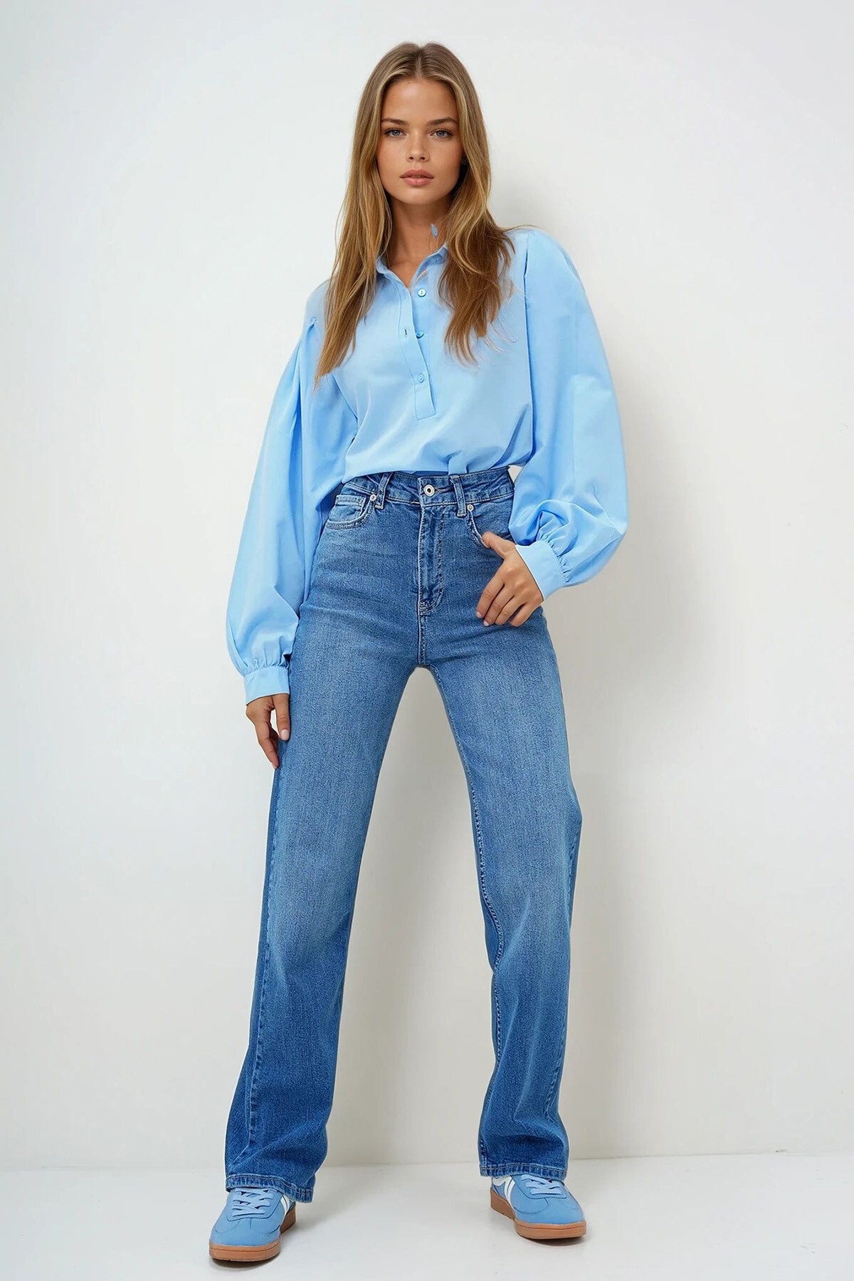 Mavi Yüksek Bel Likralı Yıkamalı Palazzo Jean Pantolon