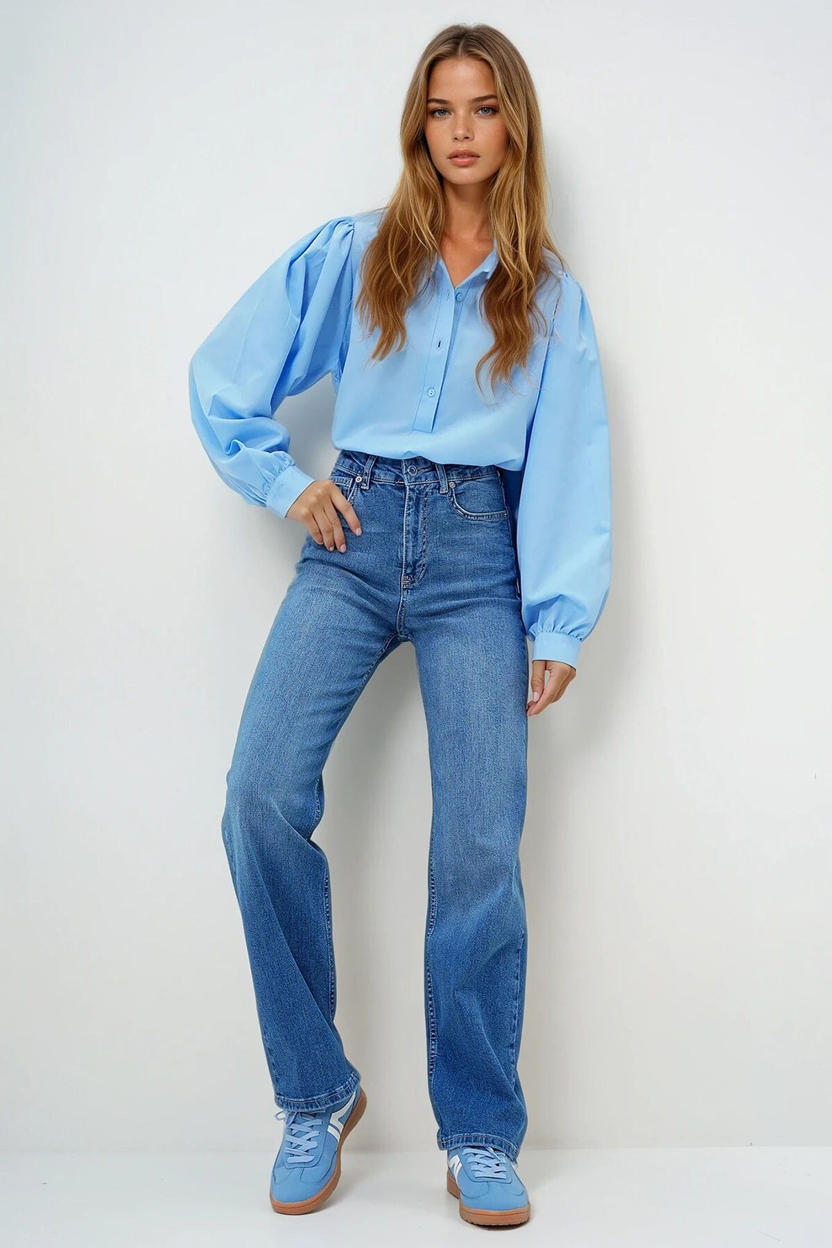 Mavi Yüksek Bel Likralı Yıkamalı Palazzo Jean Pantolon