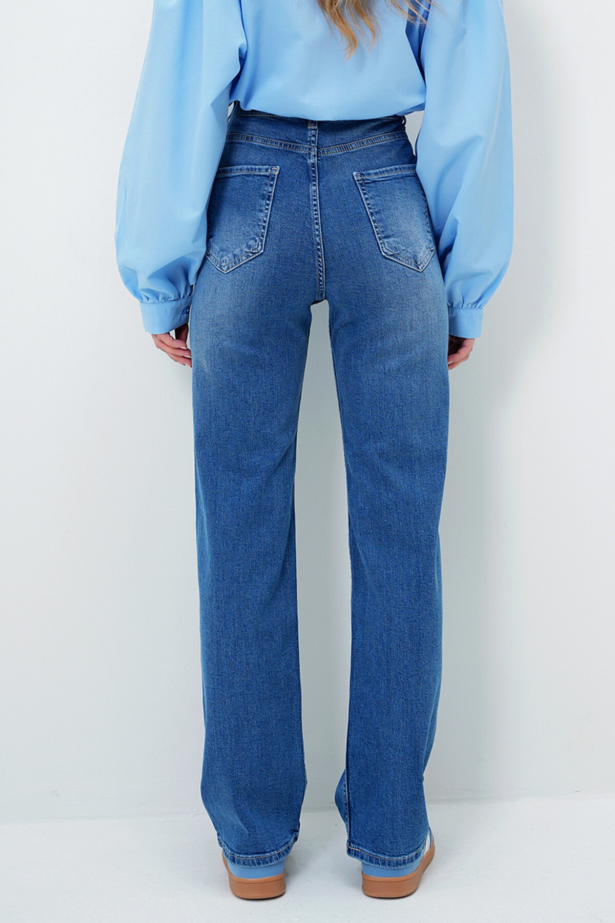Mavi Yüksek Bel Likralı Yıkamalı Palazzo Jean Pantolon