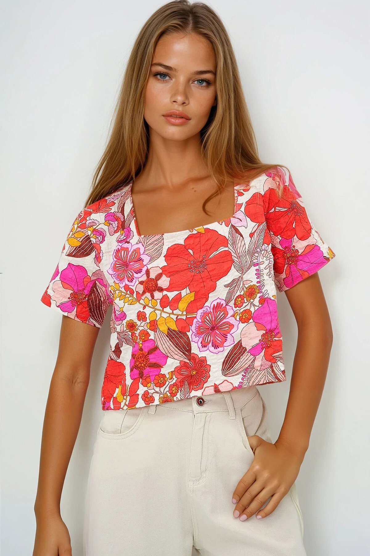 Mercan Kare Yaka Desenli Bürümcük Dokuma Bluz