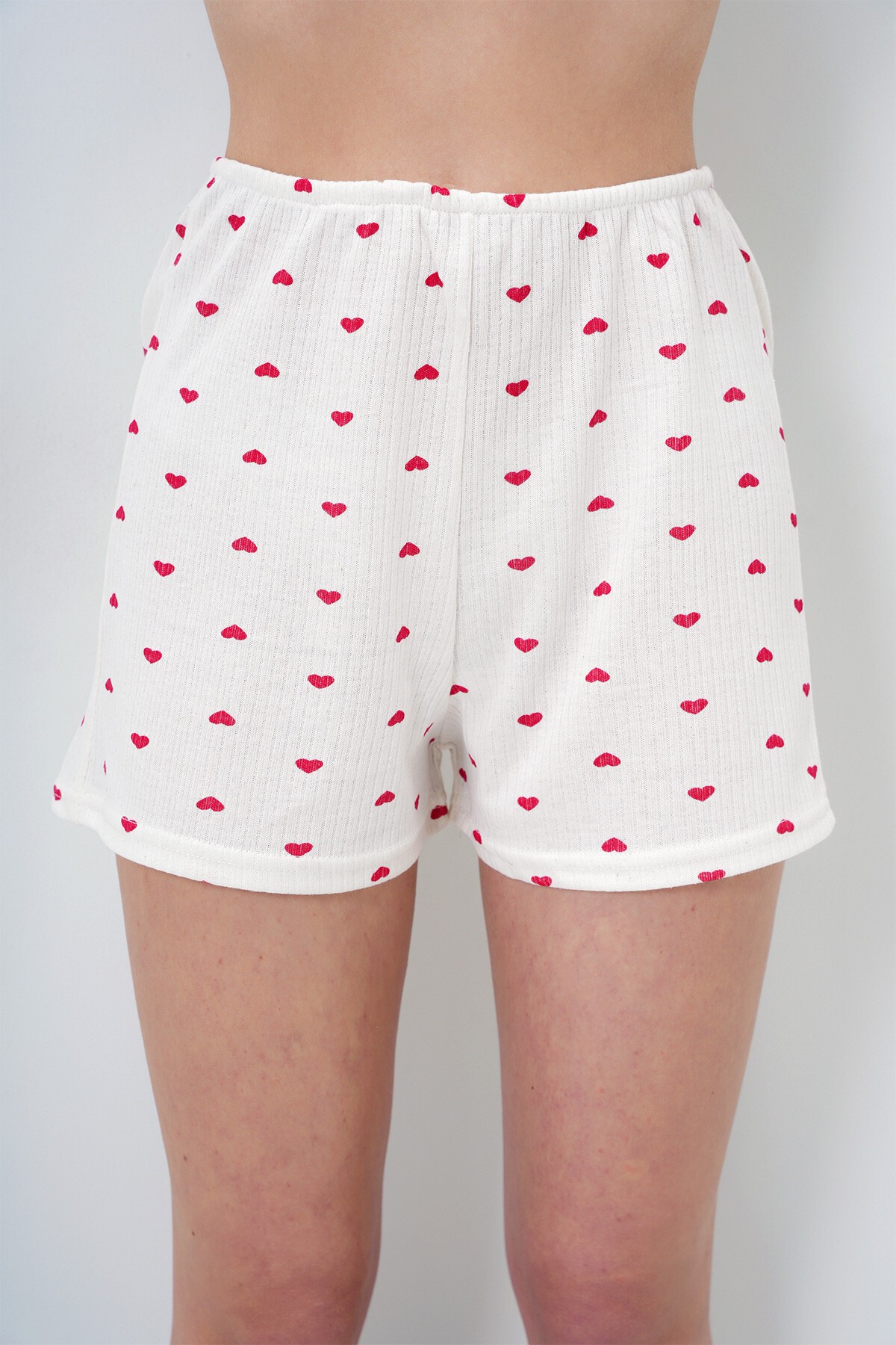 Mini Kalp Kırmızı Bisiklet Yaka Pamuklu Fisto Detaylı Bluz Ve Şortlu Pijama Takımı