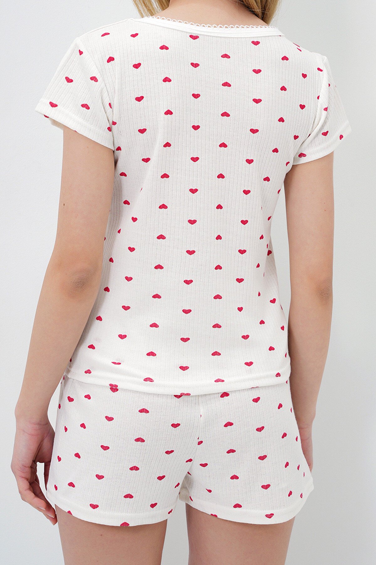 Mini Kalp Kırmızı Bisiklet Yaka Pamuklu Fisto Detaylı Bluz Ve Şortlu Pijama Takımı