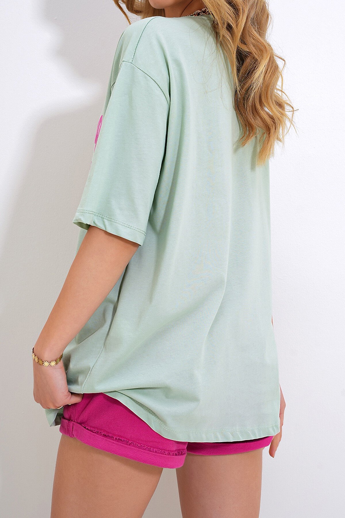 Mint Bisiklet Yaka Önü Yazı Baskılı Pamuk T Shirt