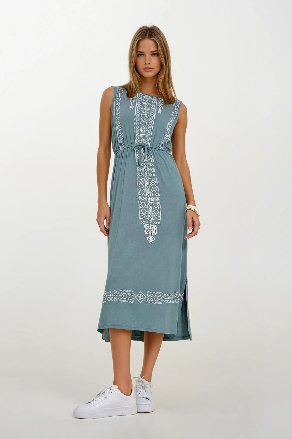 Mint Nakış Baskılı Bohem Elbise