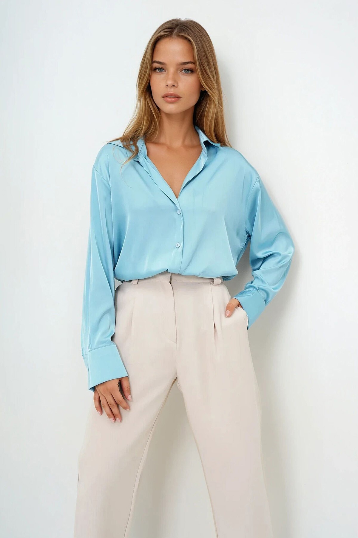 Mint Oversize İpek Saten Gömlek