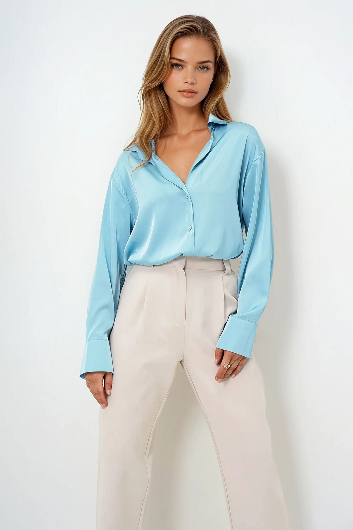 Mint Oversize İpek Saten Gömlek